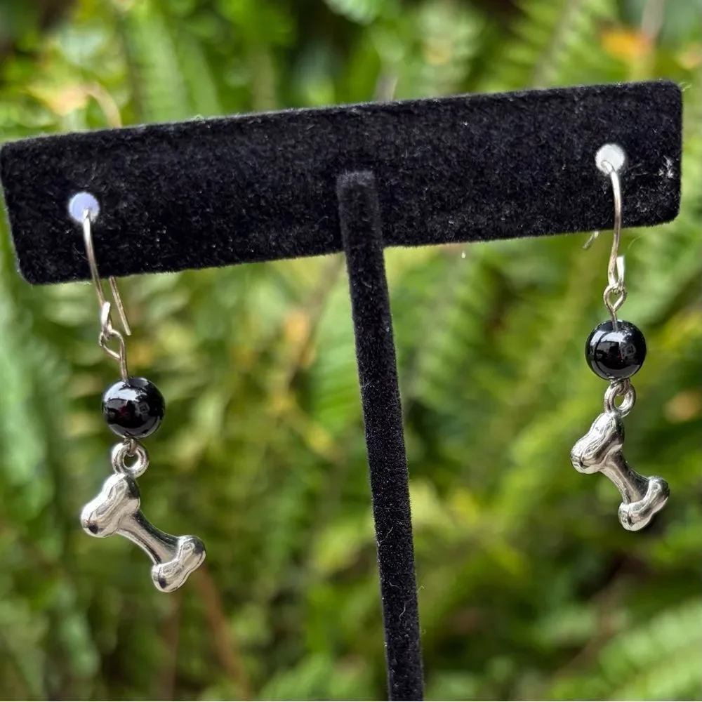 Silver Toned Dog Bone French Wire Earrings with Black Beads New Puppy